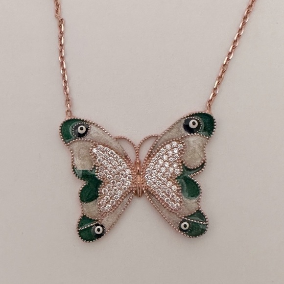 Green butterfly evil eye eyes 925 silver necklace - Picture 2 of 4